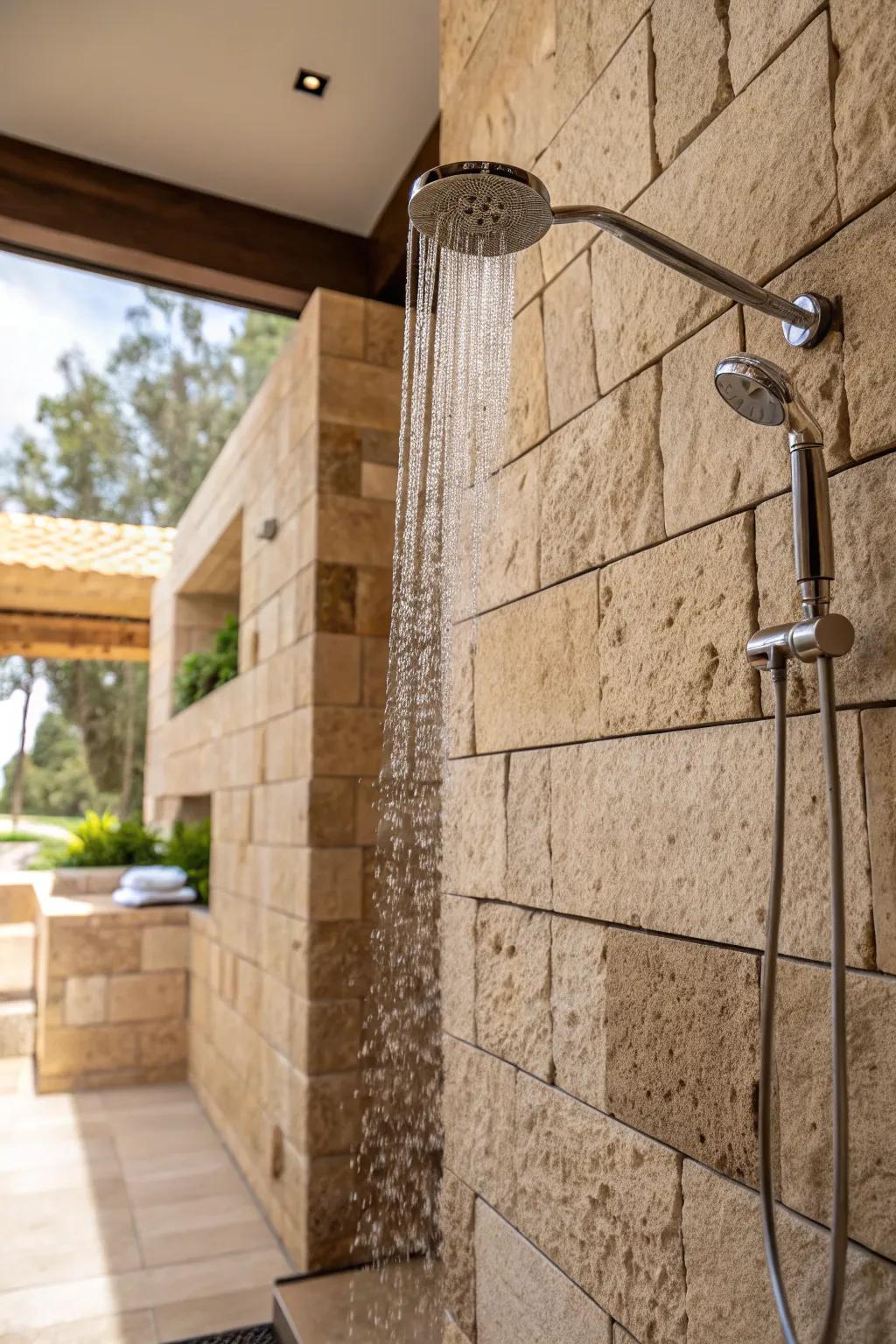 A shower showcasing textured limestone tiling for a soothing, natural vibe.