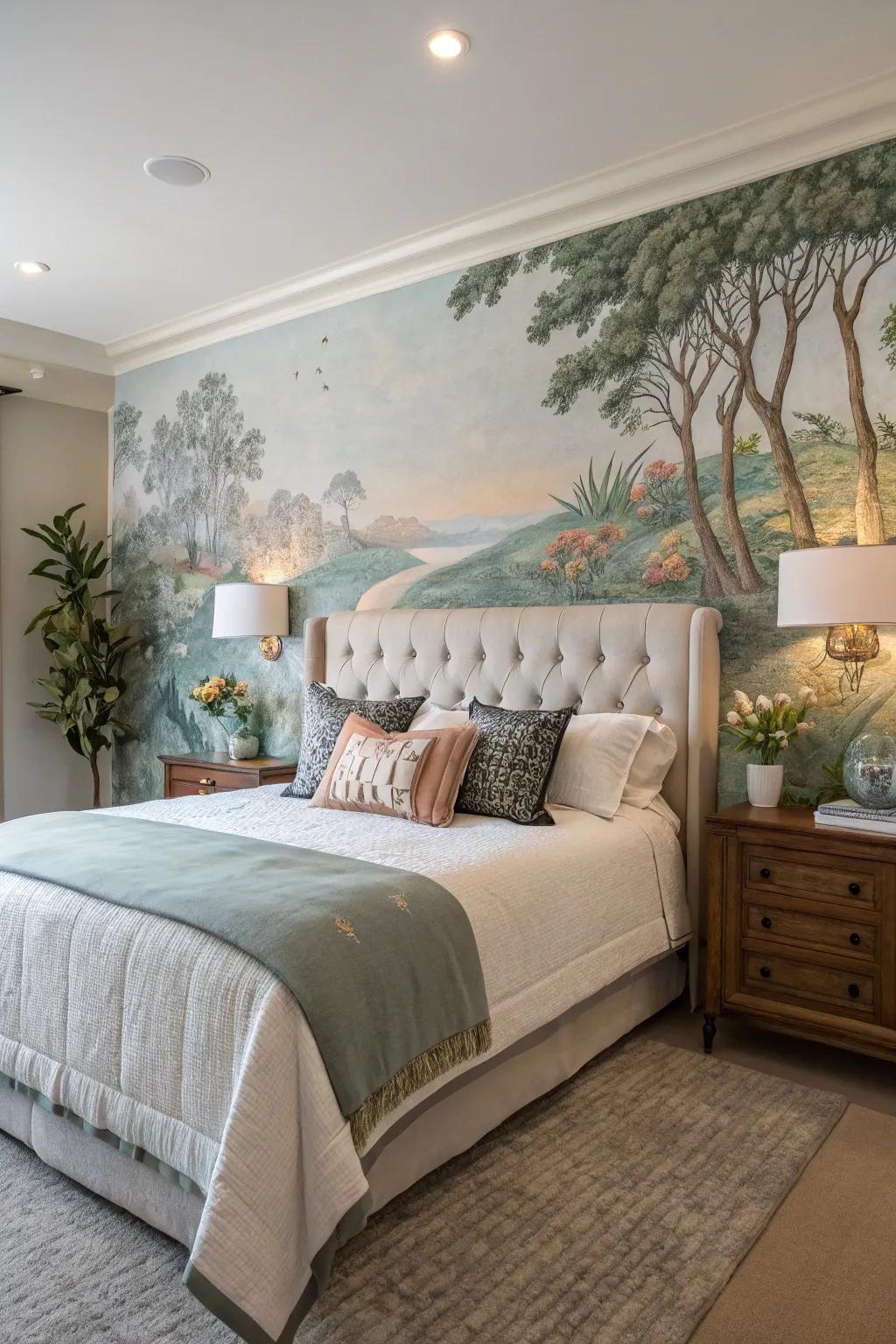 Painted murals transform your headboard wall into an artistic showpiece.