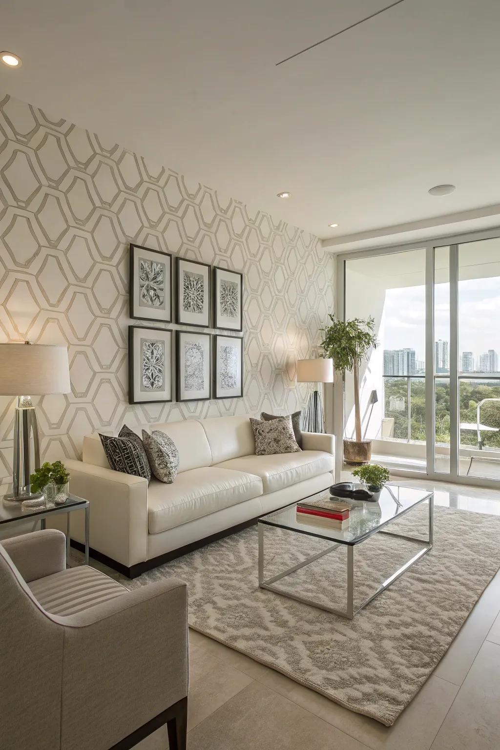 Minimalist wallpaper adds contemporary elegance to a family room.