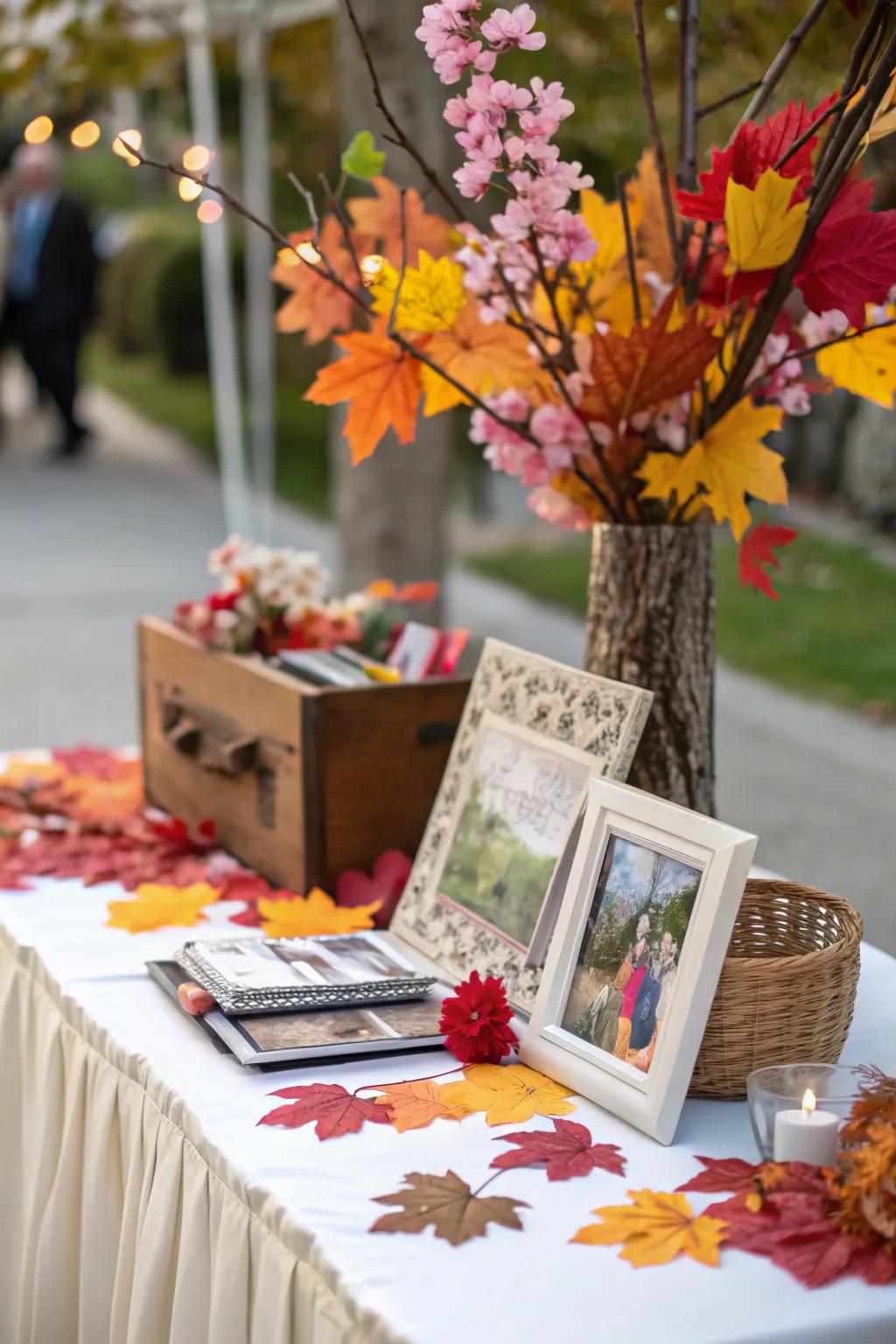 Seasonal decorations help connect your memory table to the wedding's time of year.