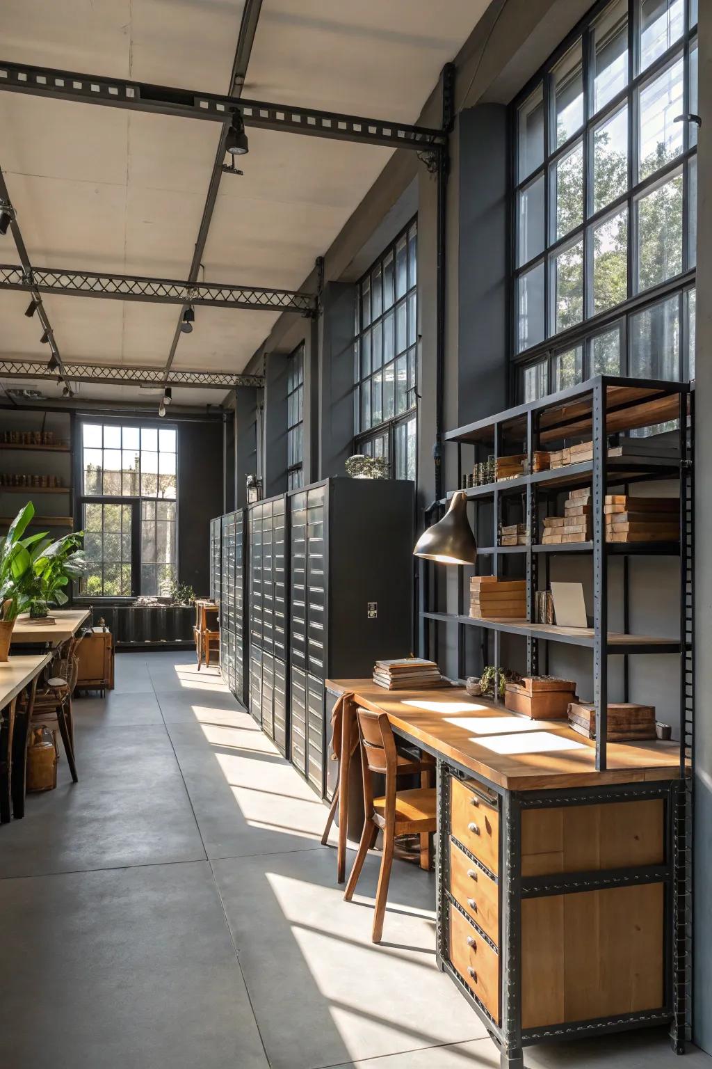Industrial elements add a rugged charm to your home office.