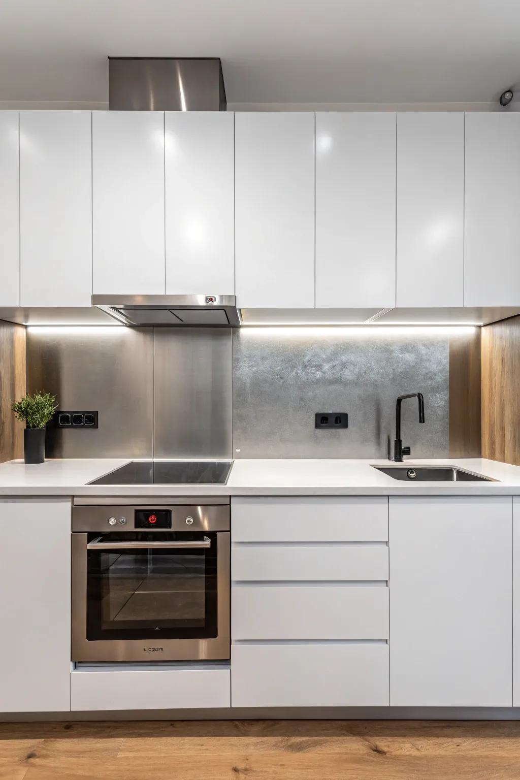 A minimalist kitchen featuring a polished metallic backsplash.