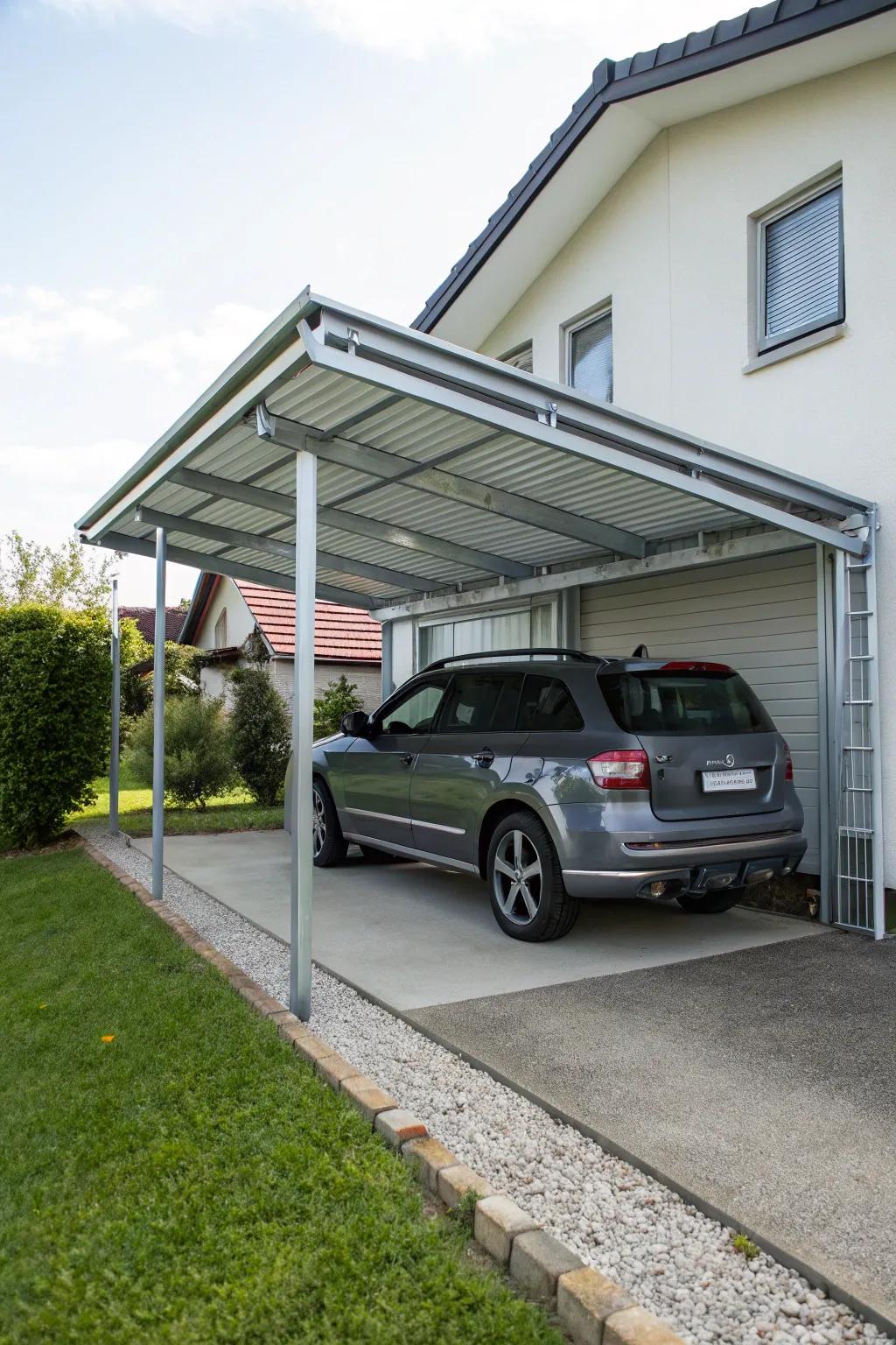 An attached carport offers convenient access and weather protection.