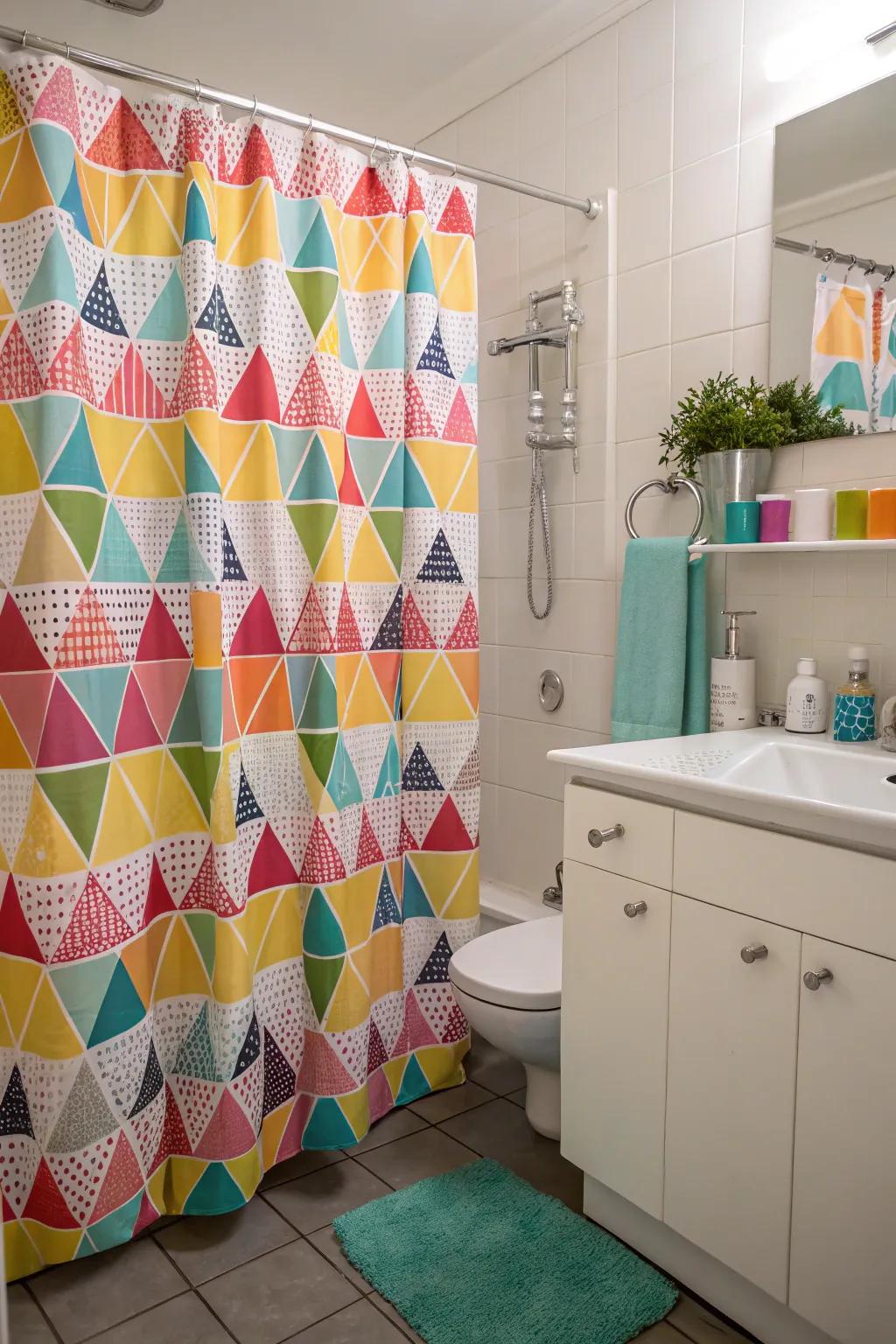 A vivid shower drape enlivens the area.