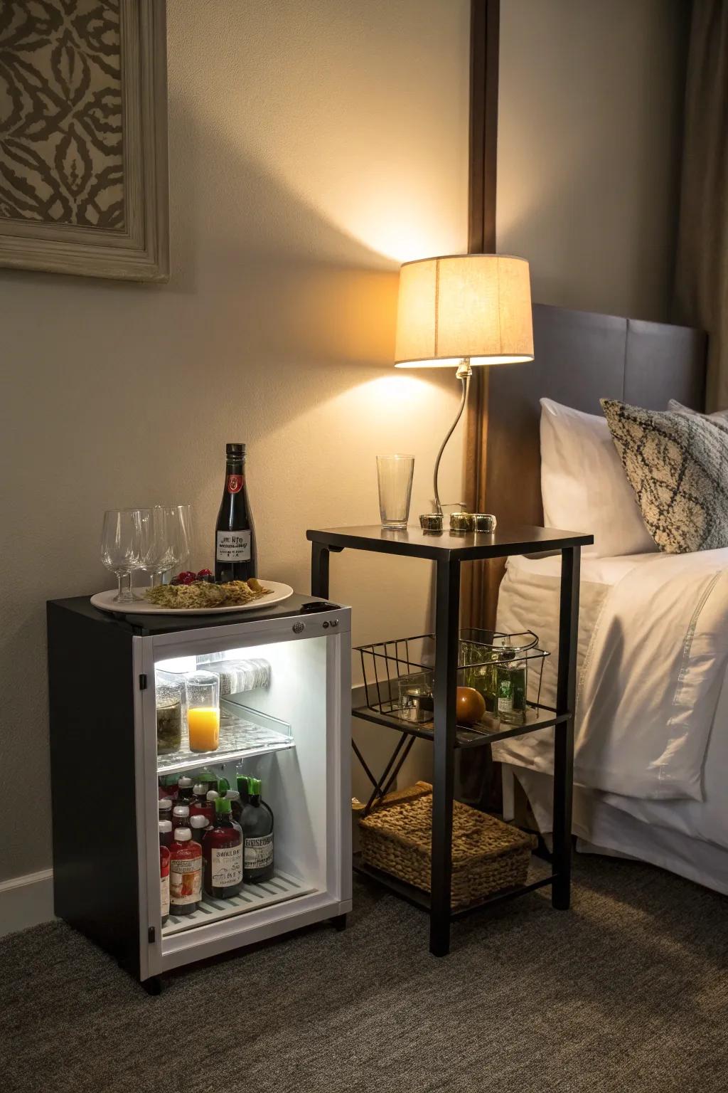 A small refrigerator as the centerpiece of a nighttime refreshment station in a bedroom.
