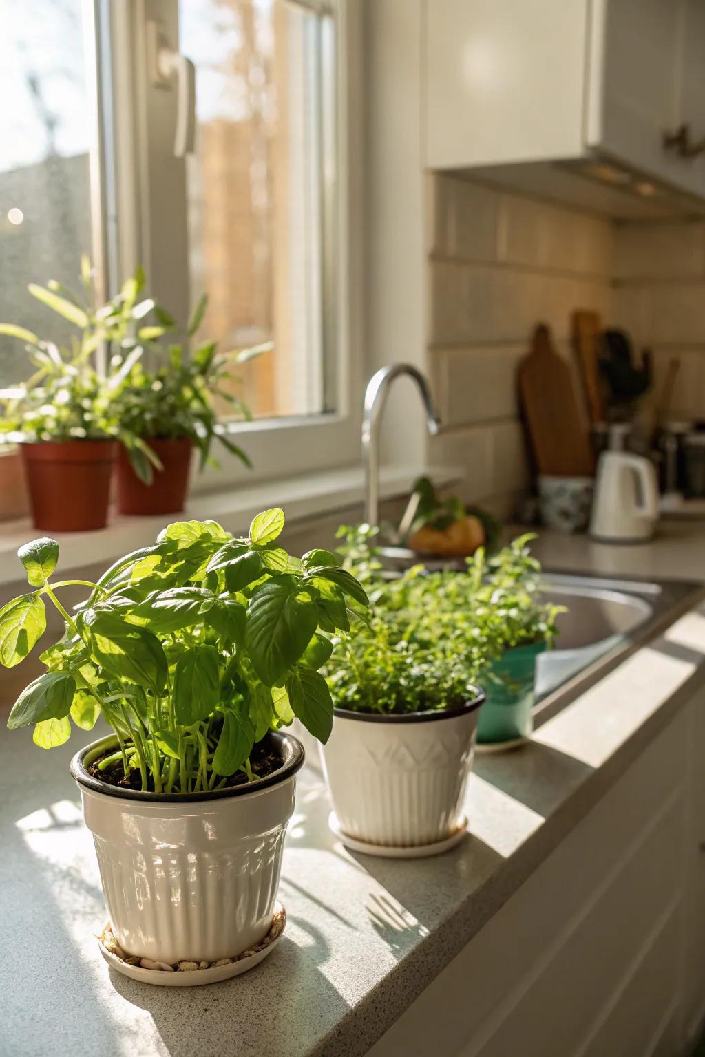 A functional and fragrant minute herb patch within the culinary space.