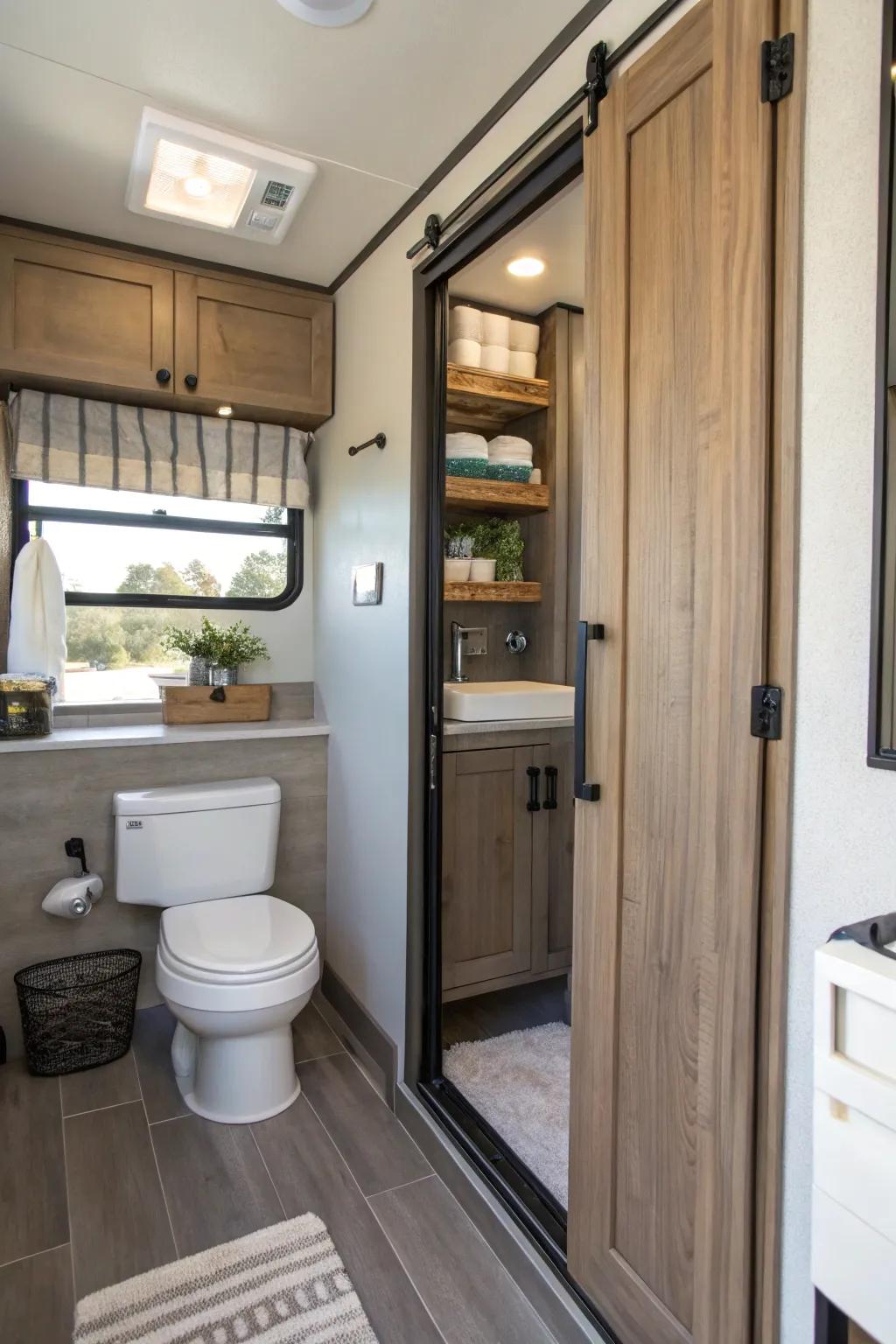 A pocket door saves space and adds a clean look to this bathroom.