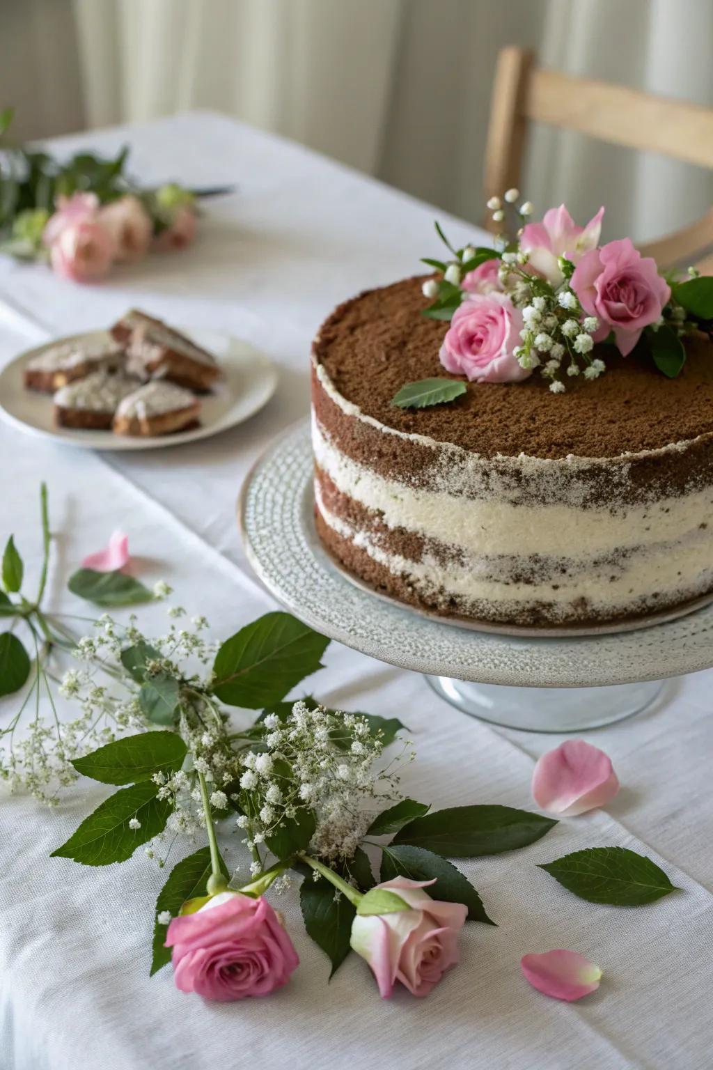 Contemporary blossoms introduce natural elegance to a mocha cake.