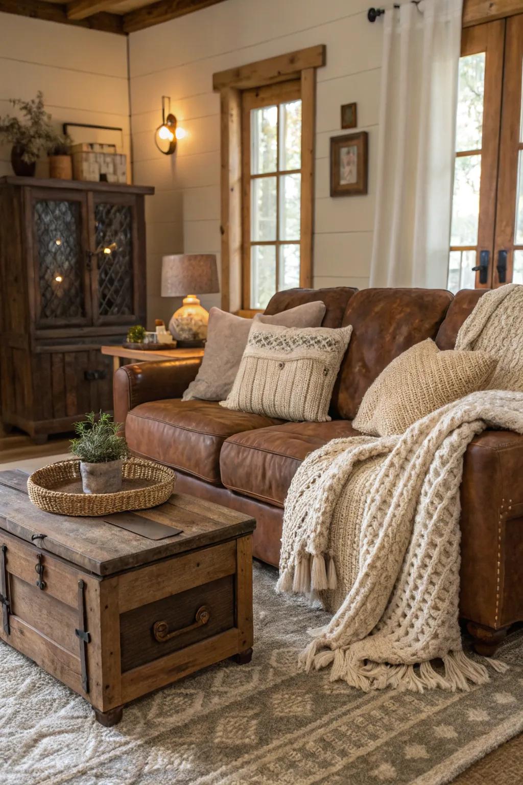 Countryside components fashion a comfortable, inviting sanctuary near the chocolate-brown sofa.