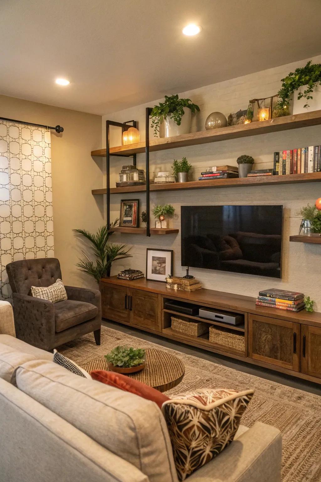 Wall mount shelves create a functional and stylish TV wall.