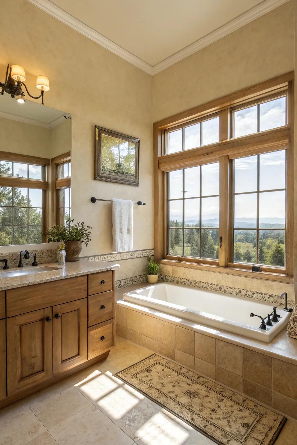 Natural light enhances the tranquil atmosphere of a beige bathroom.
