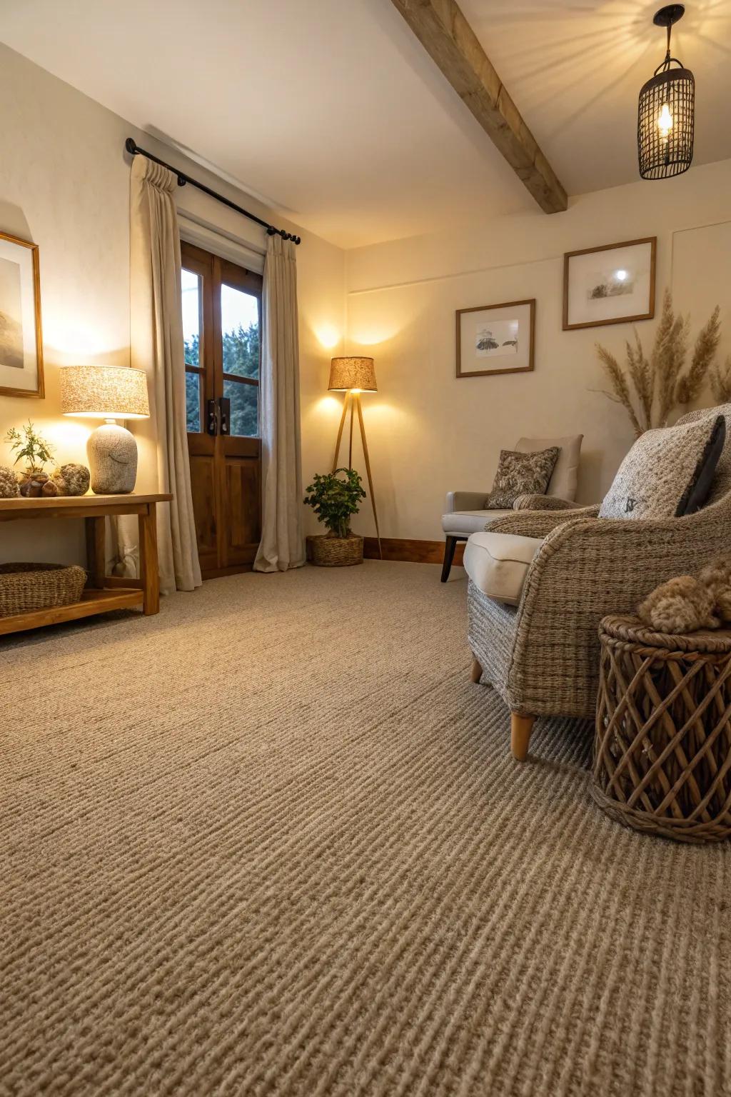 Cozy room featuring an earthy dark toned carpet for a grounded feel
