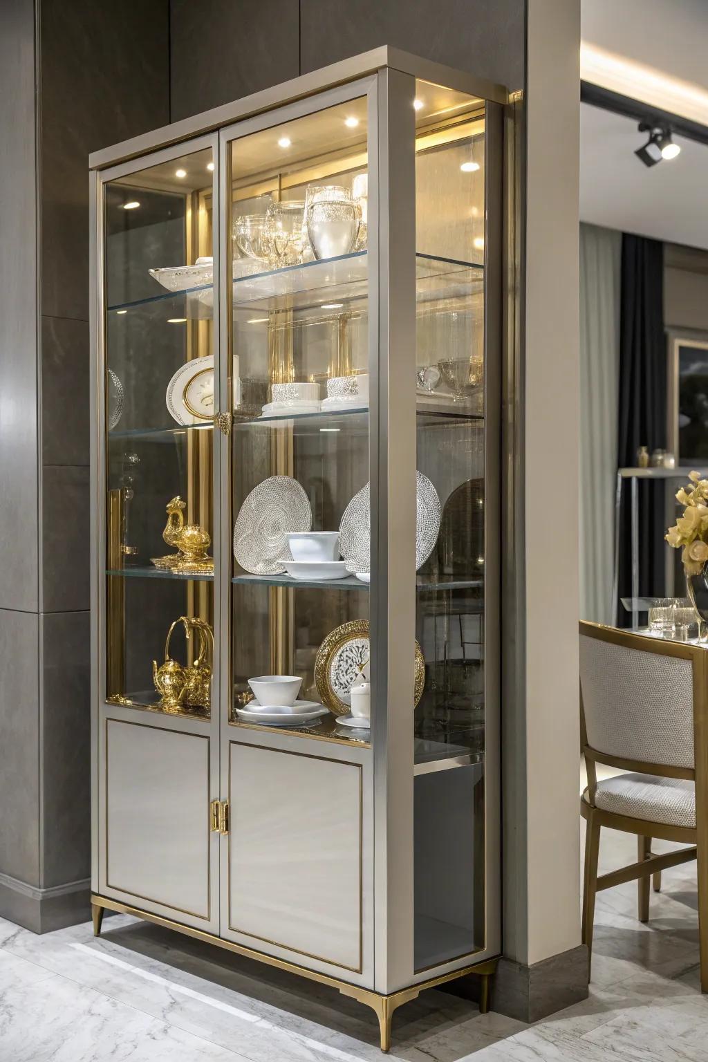 Charming steel-like accents inside a display cabinet.