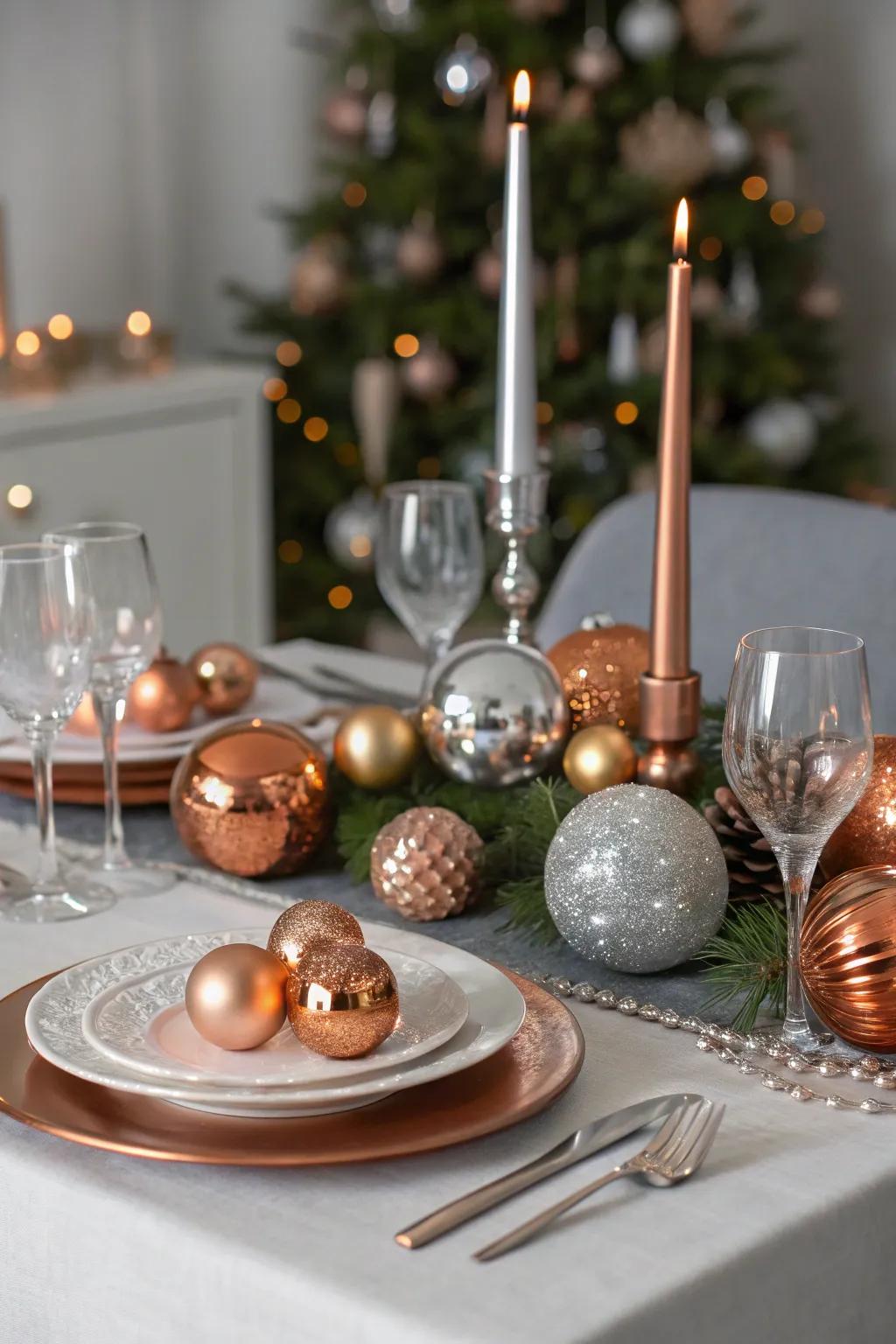 A festive table setting with metallic silver and copper reflections.