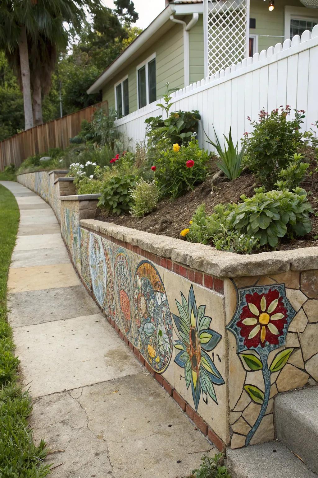 Concrete wall re-imagined via mosaic artistry.