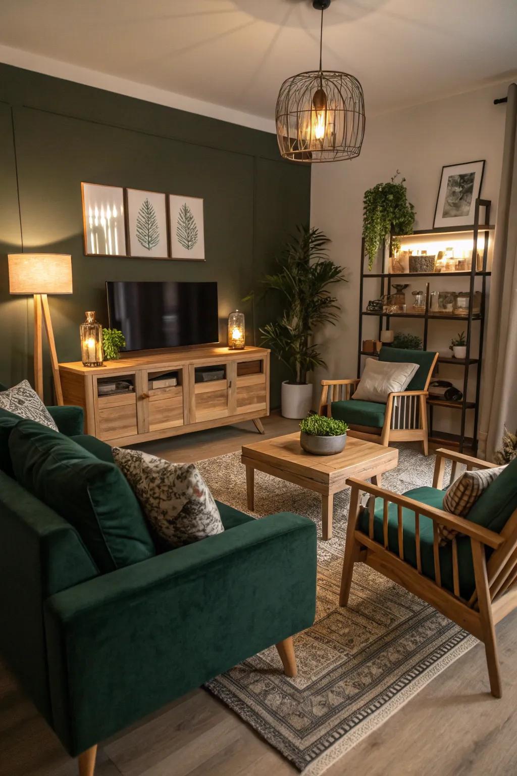 Light wood furniture balances the richness of deep green décor.