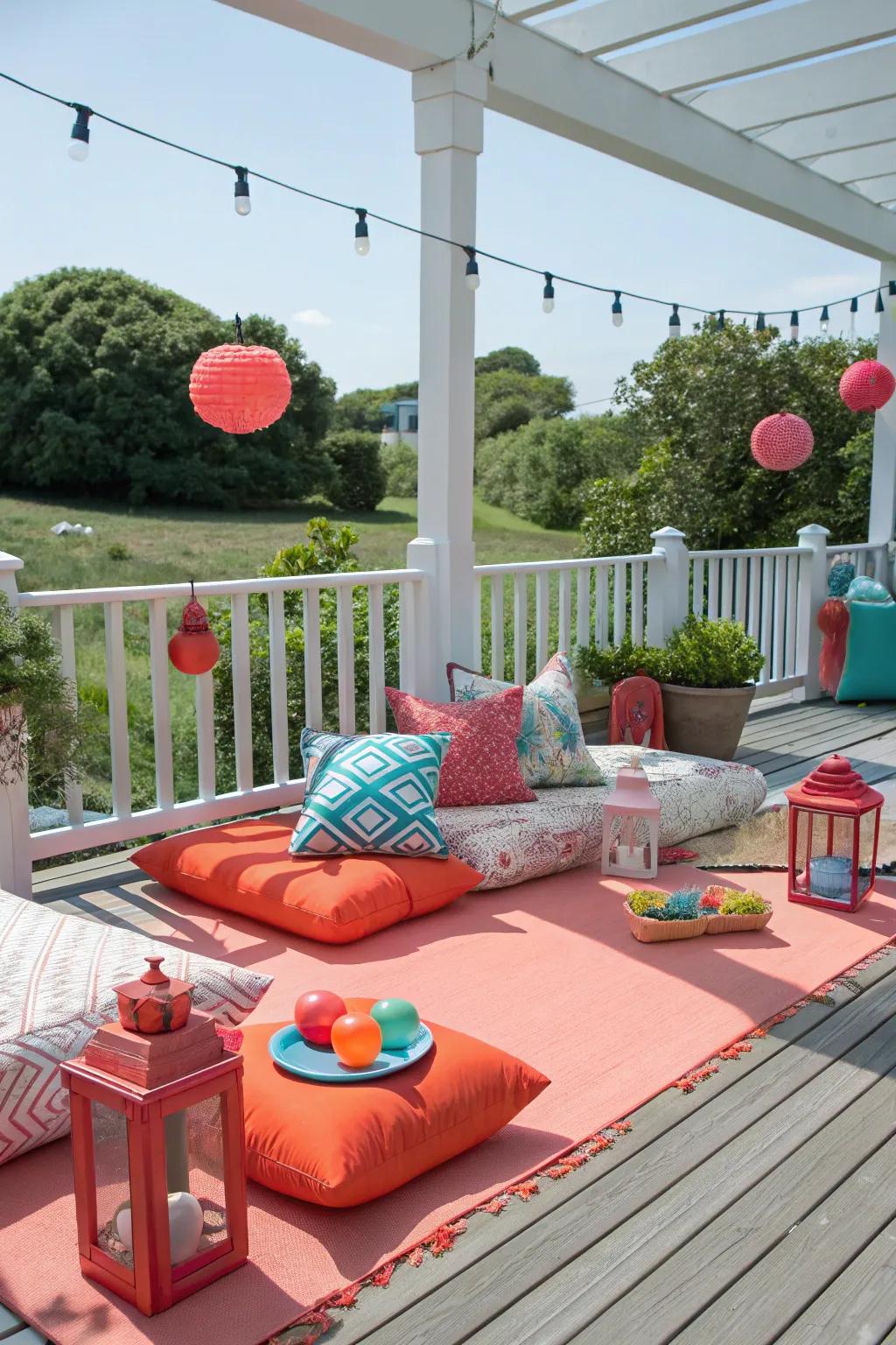 Coral accents bring a lively touch to your deck.