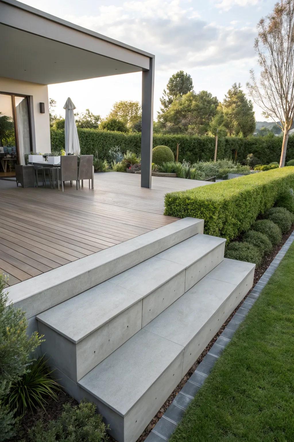 Concrete skirting offers modern solidity and durability.