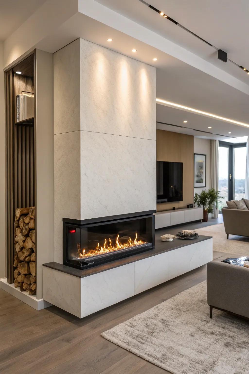 A sculptural electric fireplace that serves as a source of art and warmth within a modern setting.