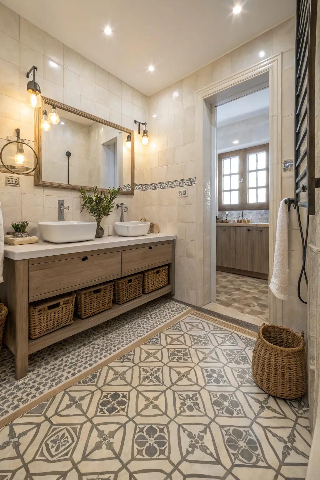 Patterned fragments fashion visual intrigue in this stylish bathroom.