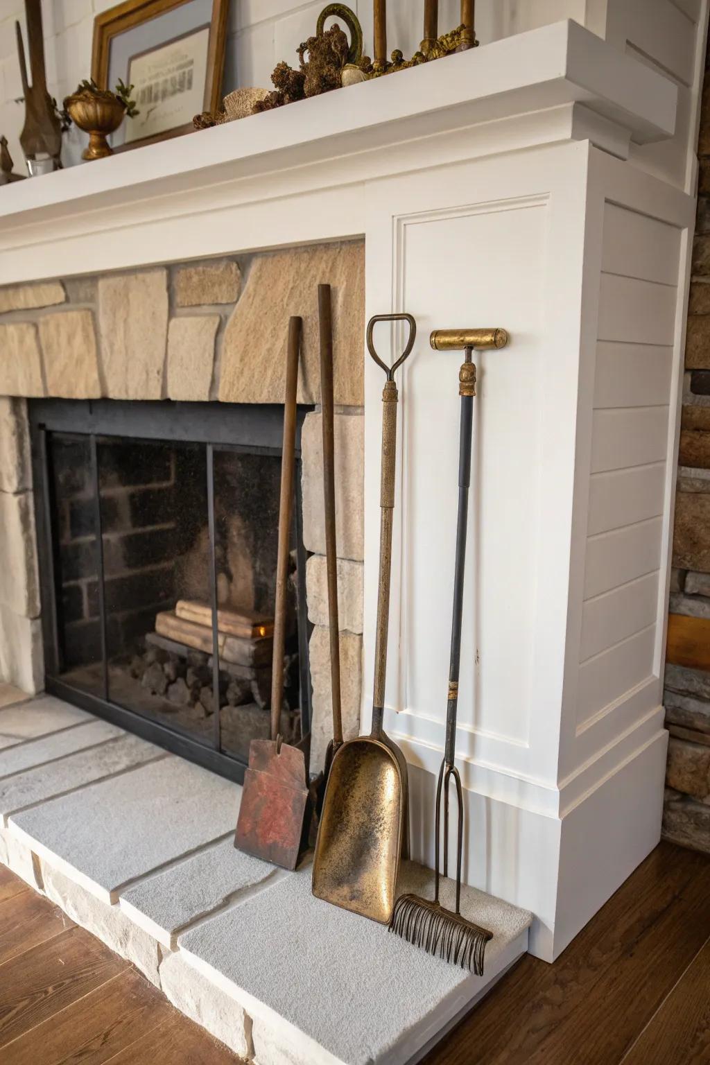 Period implements add historic depth to the fireplace setting.