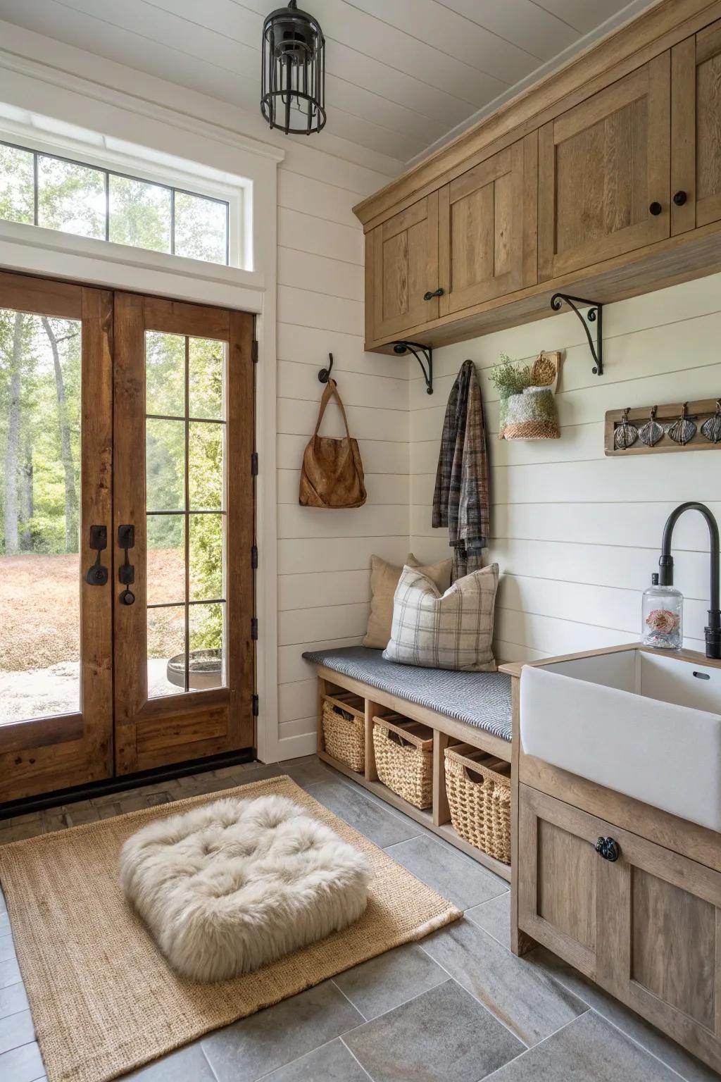 Pet-friendly mudroom featuring comfortable bed and wash station.