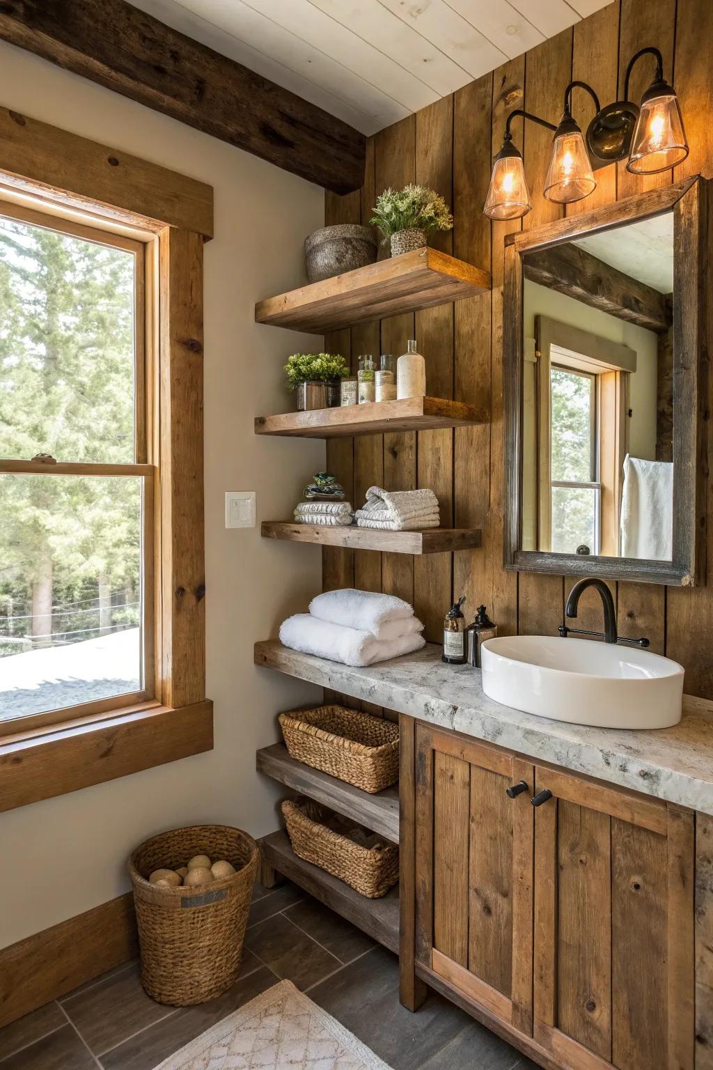Open shelving fashioned from salvaged timber within a washroom.