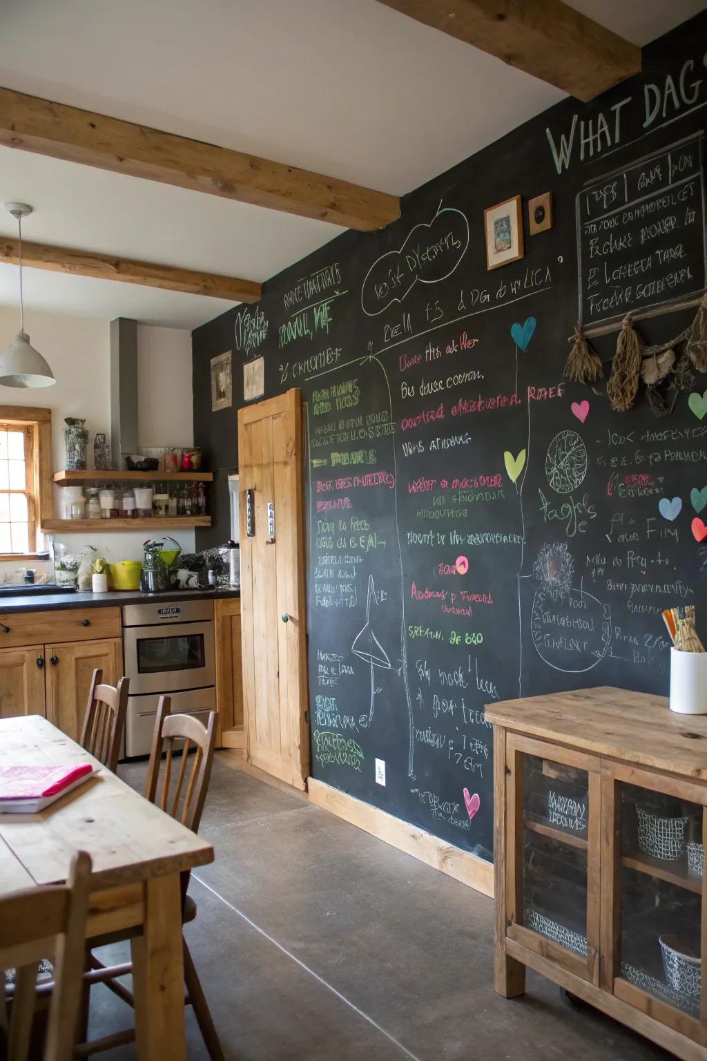 Slate panel for creativity in a farmhouse culinary space.