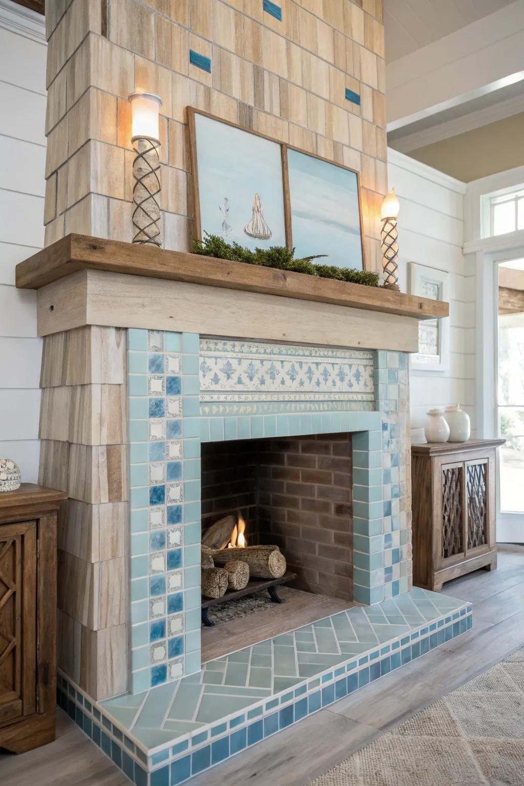 A coastal chic fireplace featuring blue and neutral pieces.