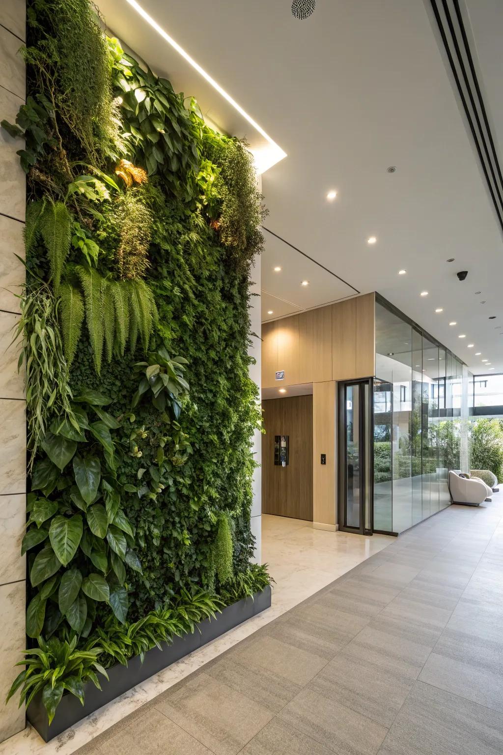 A green wall brings a revitalizing touch of nature to this contemporary entrance hall.