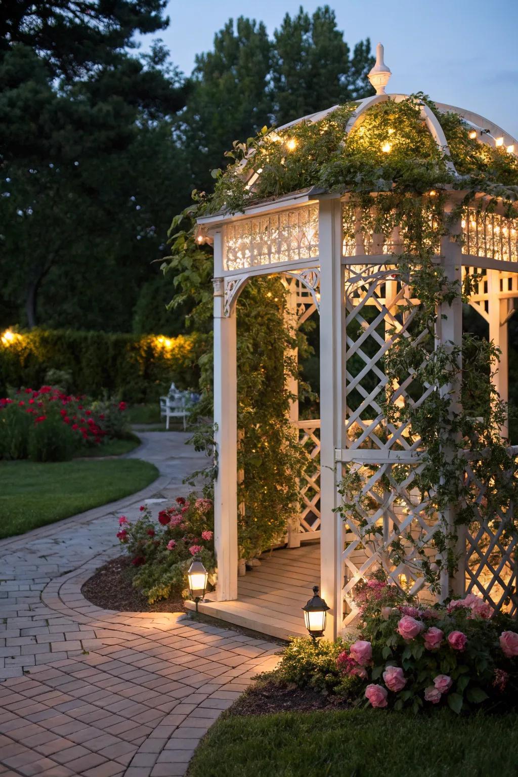 A garden lattice gazebo that provides a charming and secluded outdoor getaway.