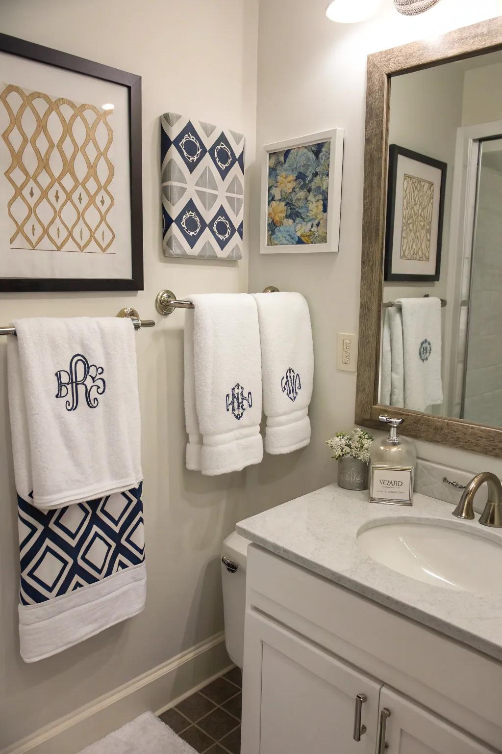 A bathroom with individualized accents encompassing monogrammed textiles and bespoke artistry.