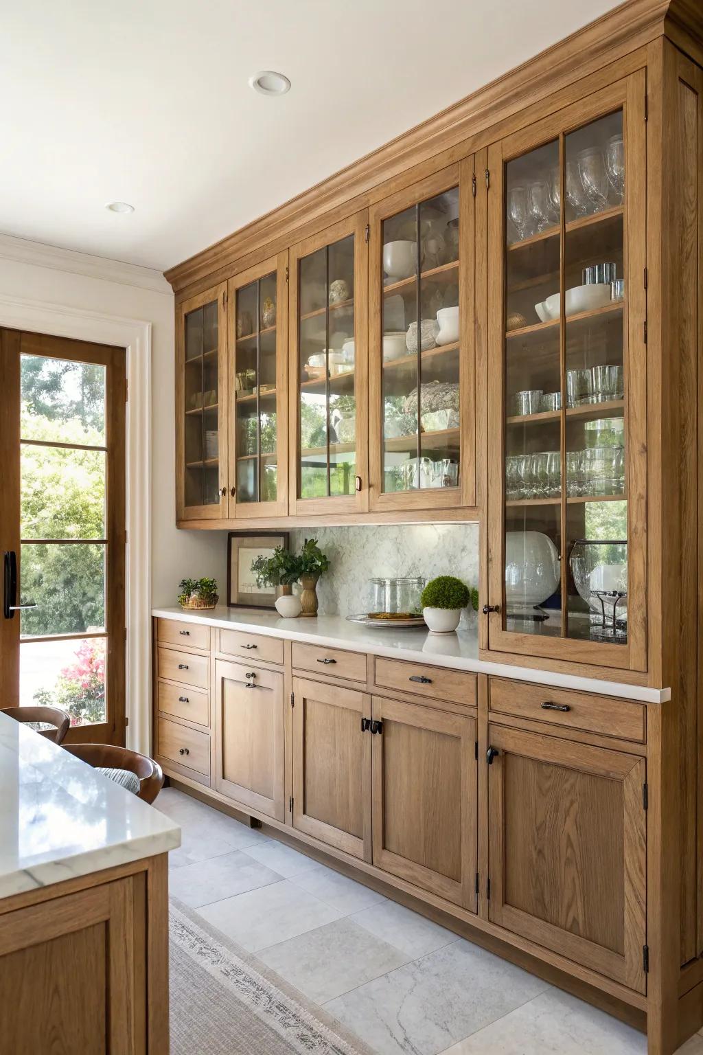 Glass doors add a contemporary touch and openness to golden-toned cabinet kitchens.