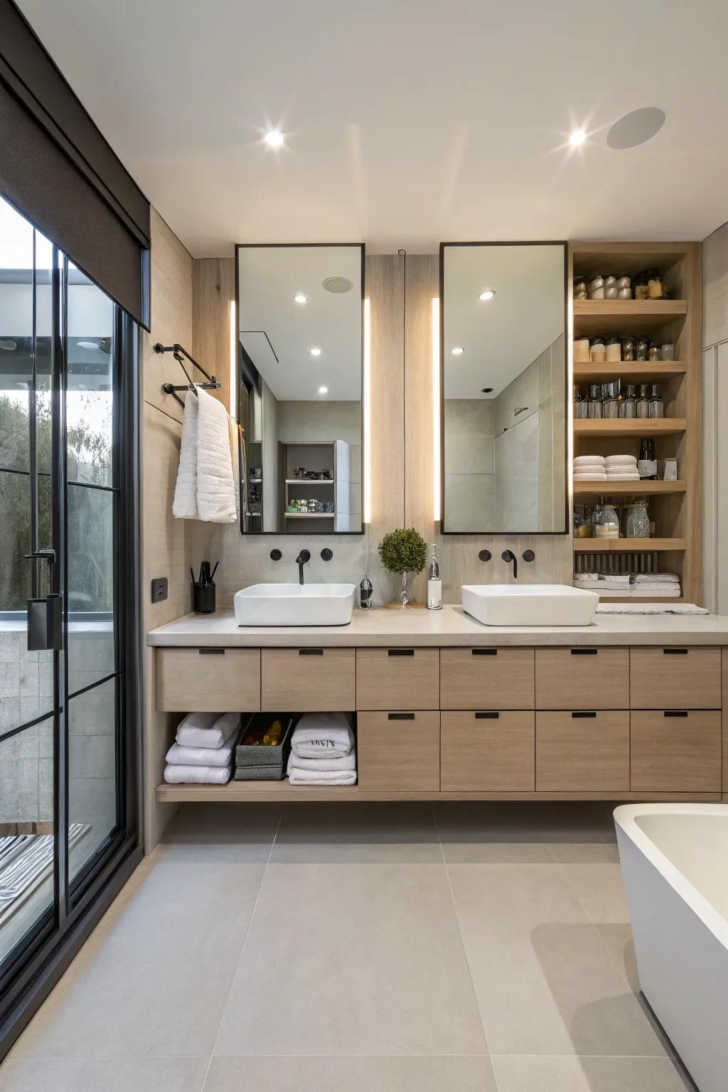 Integrated storage maintains the bathroom organized and stylish.