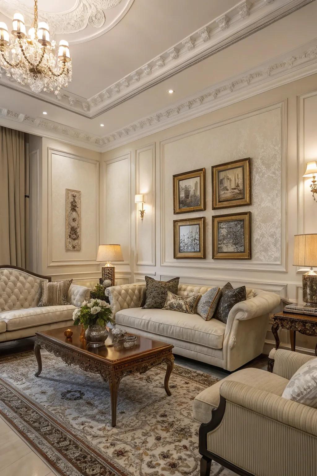 Picture frame molding adds an elegant architectural detail to the modern family room.