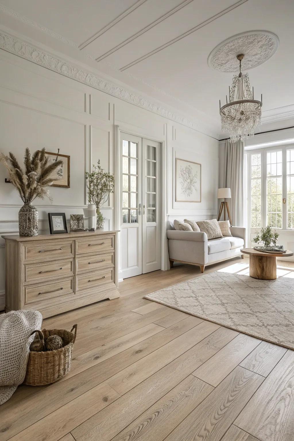 A monochromatic scheme enhances the elegance of light wood floors.