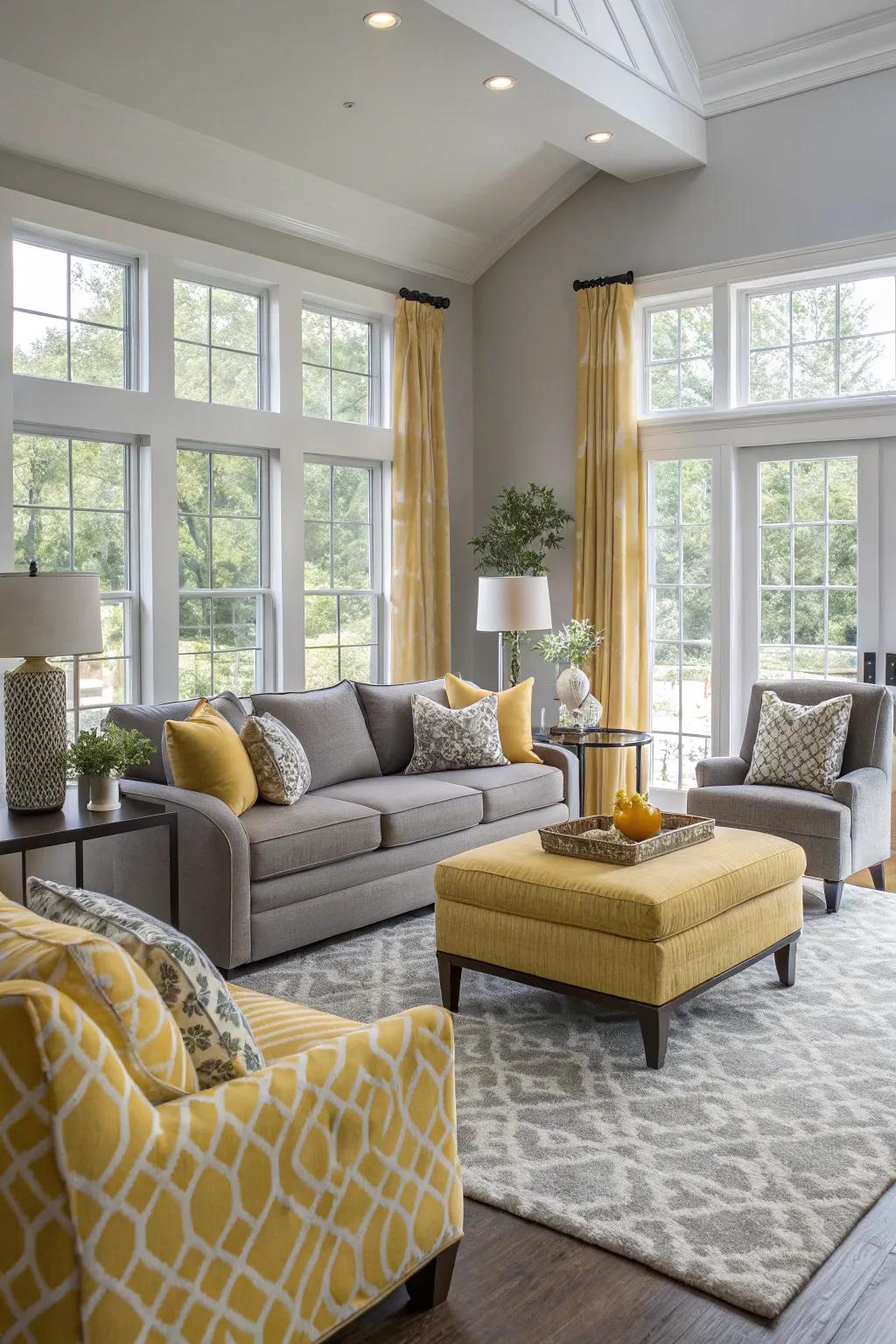 Gray and yellow create a modern and welcoming vibe in this balanced living area.