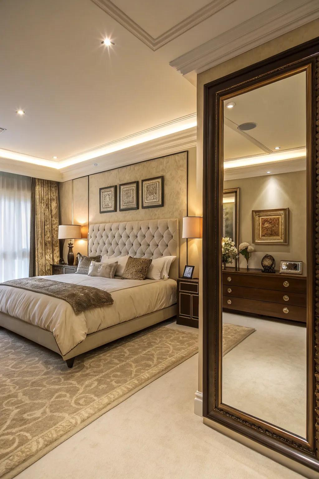 Surfaces that reflect enhance the light and space in this bedroom.