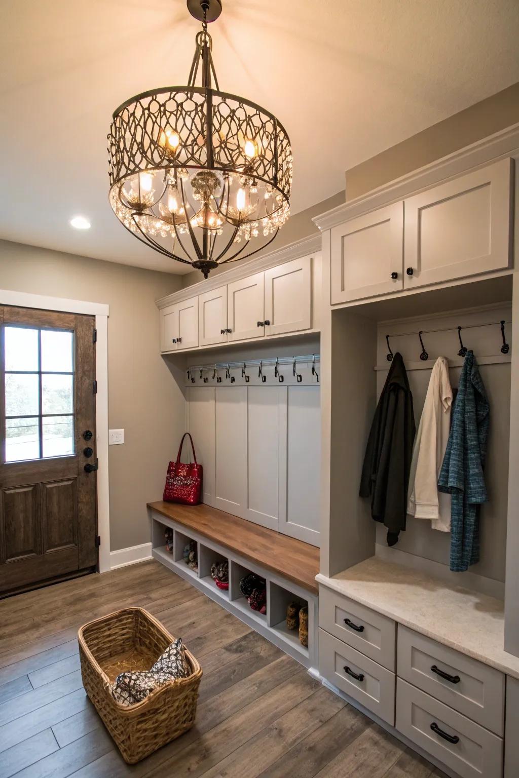 A striking lighting fixture gives your mudroom a touch of class.
