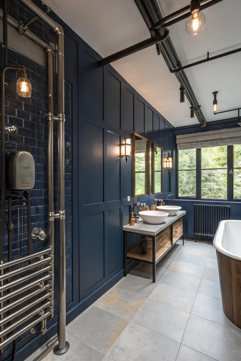 Factory elements add a bare edge to deep sea blue bathrooms.