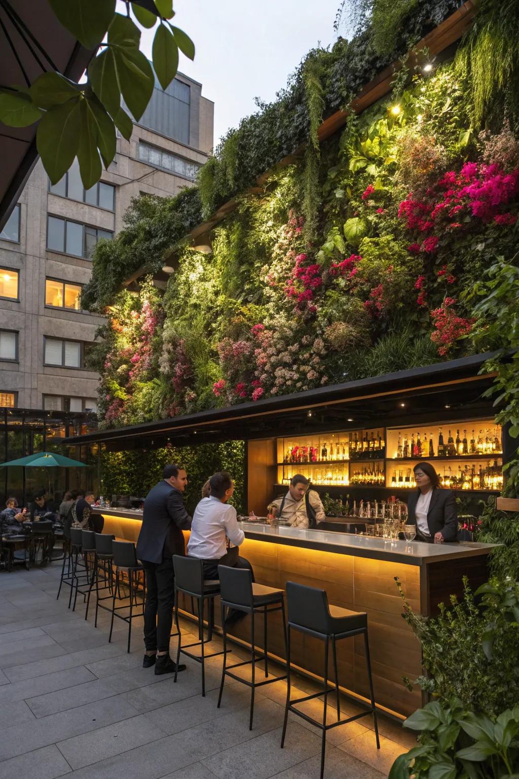 A wall garden adds a lush, vibrant backdrop to this bar space.