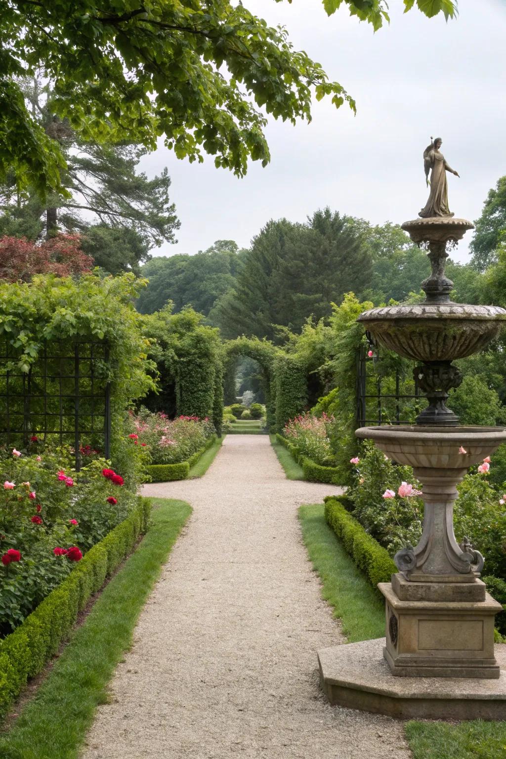 A garden path leading to a striking center of focus, adding meaning and interest.