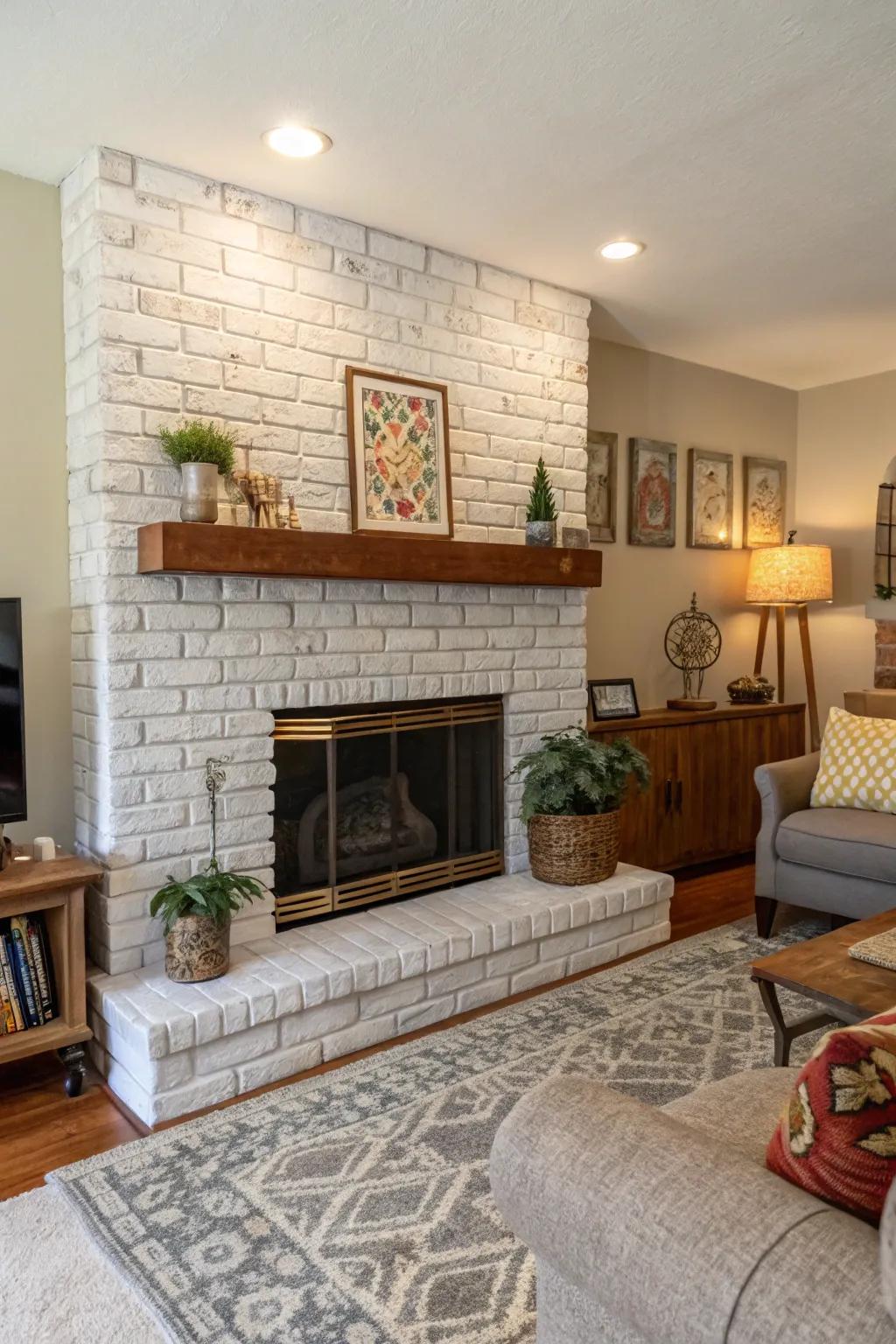 Contrasting textures on a painted brick fireplace contribute depth.