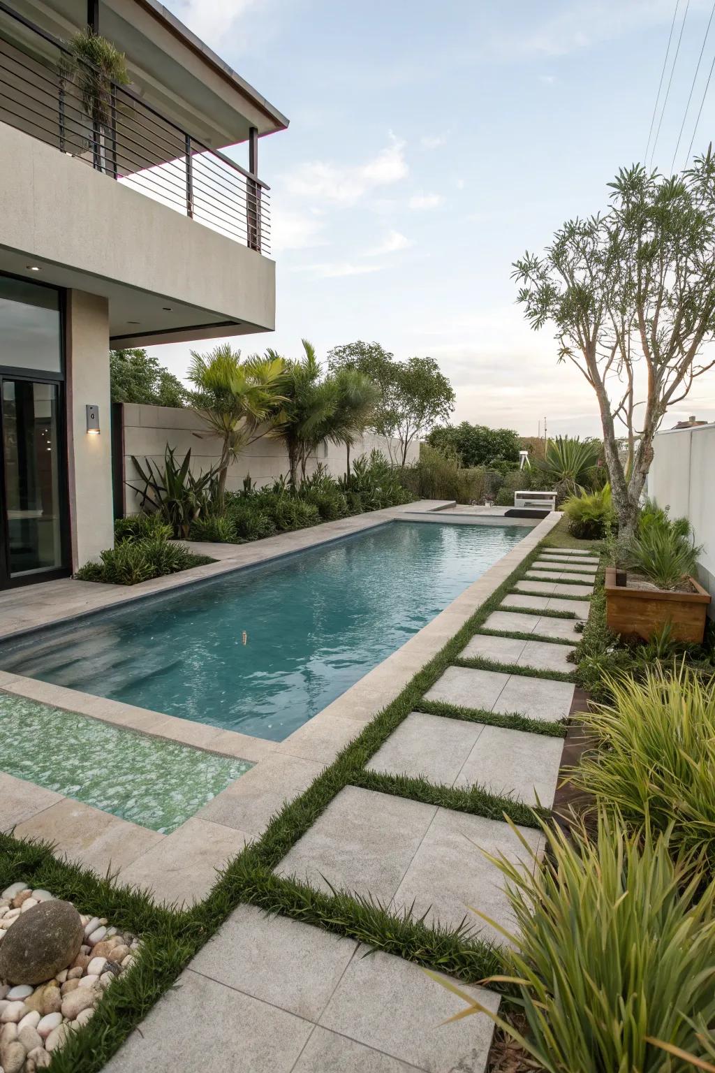 Softened edges temper the pool's appearance.