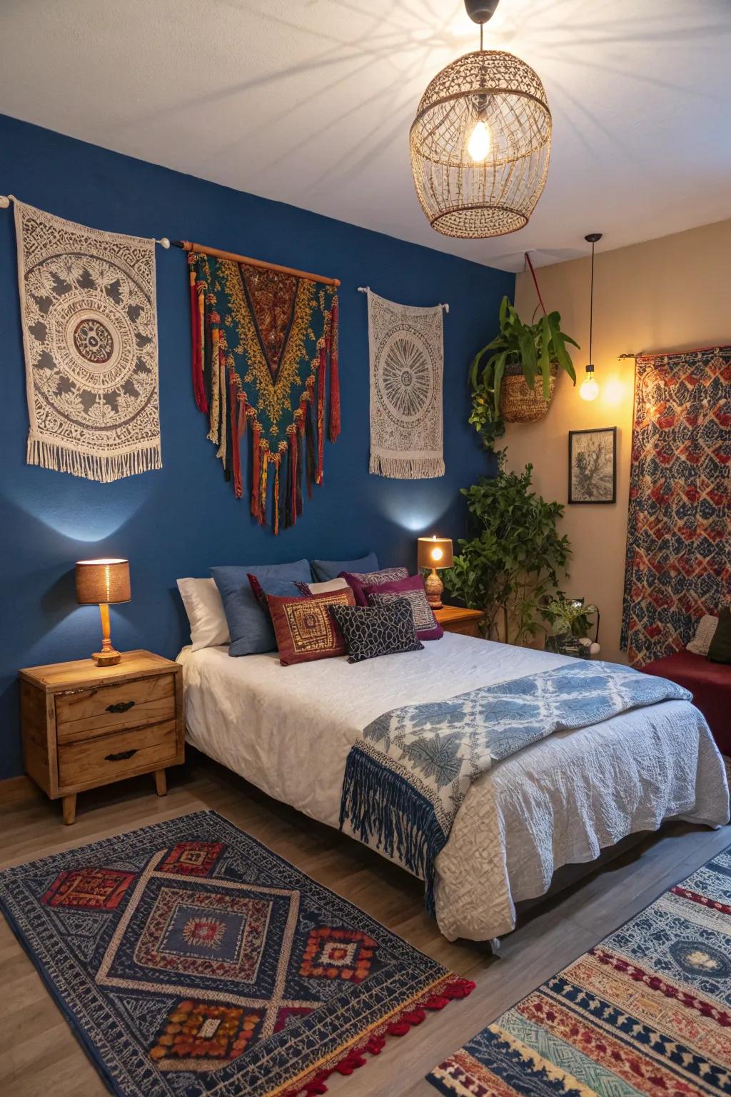 Bohemian wall hangings contribute an unconventional touch to the sapphire blue space.