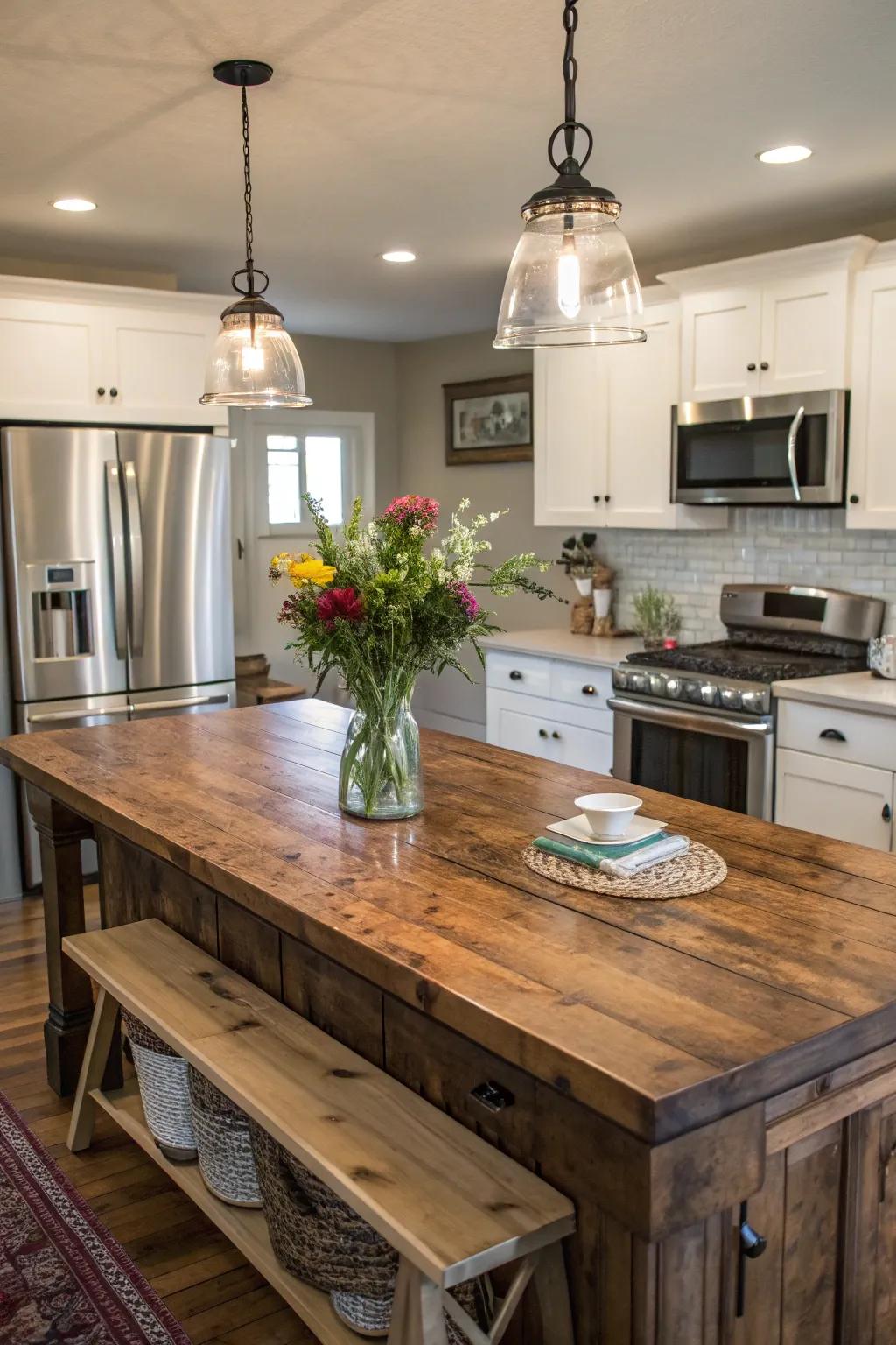 A rustic kitchen island serves as a highly functional centerpiece.