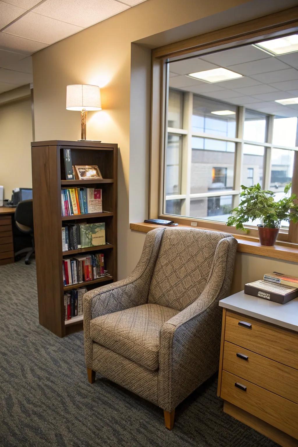 A cozy reading spot presents an ideal location for relaxation and inspiration.