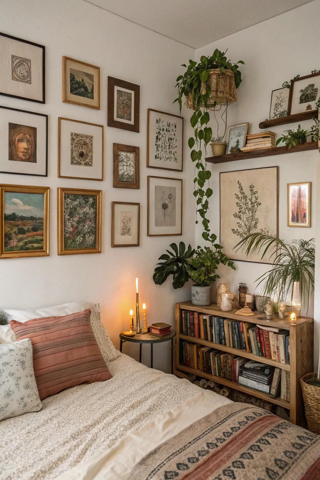 A wall of art adds character and shows off personal style in a modern-vintage bedroom.