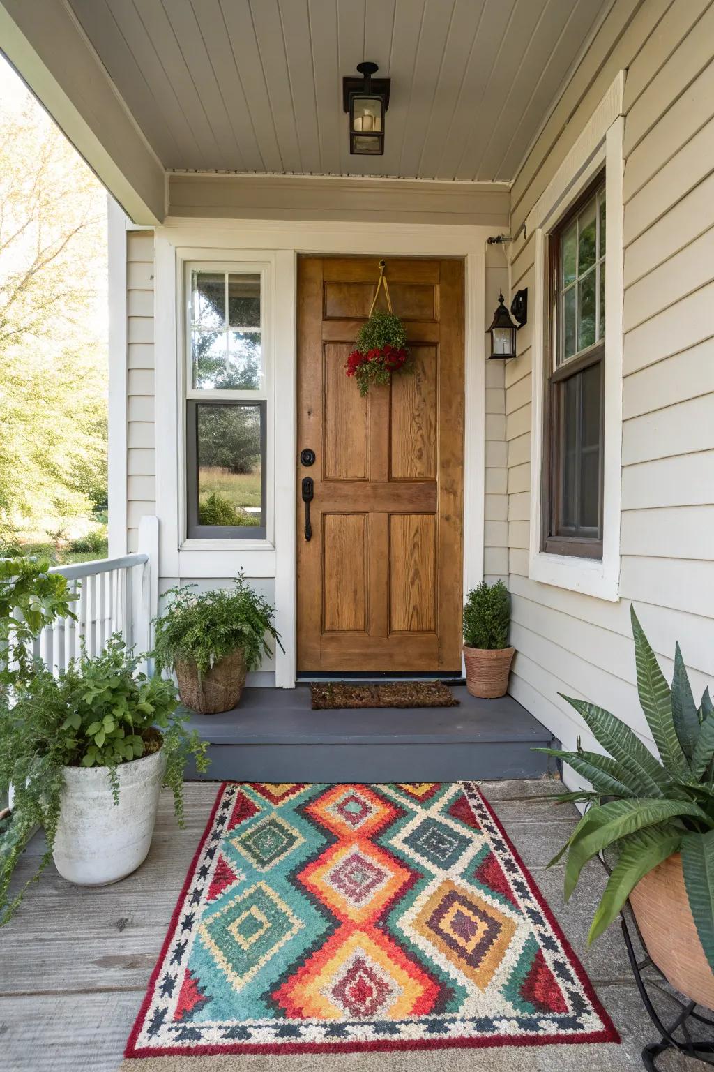 A small front porch enhanced by a bold and stylish outdoor rug.