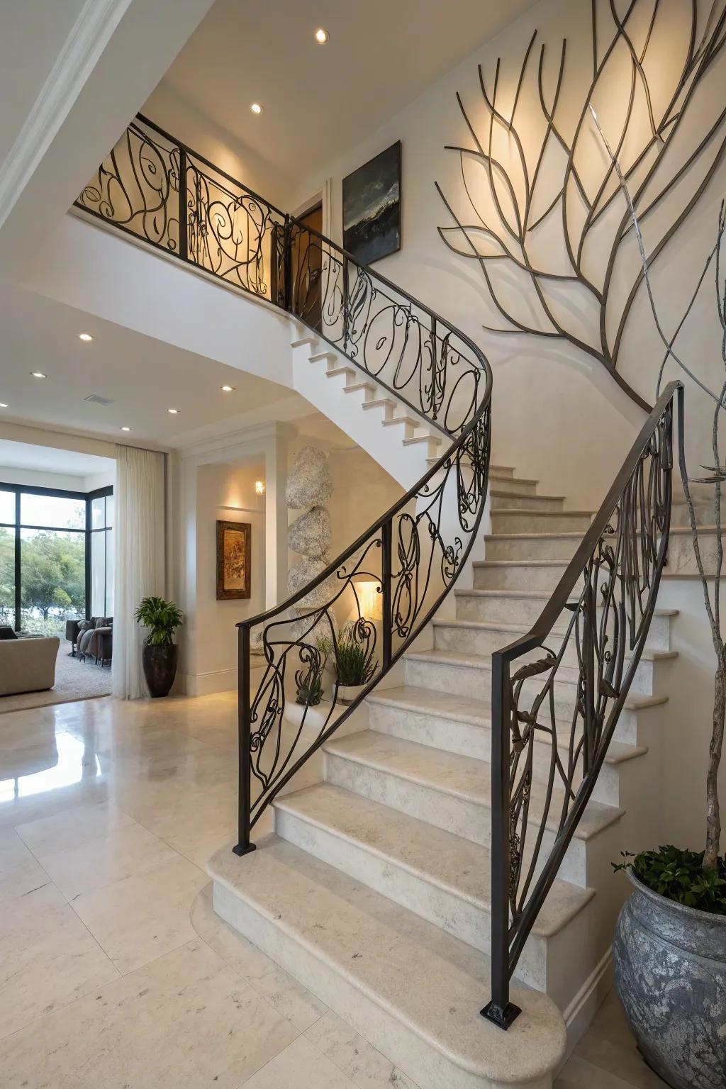 Sculptural railings metamorphosing stairs into art.